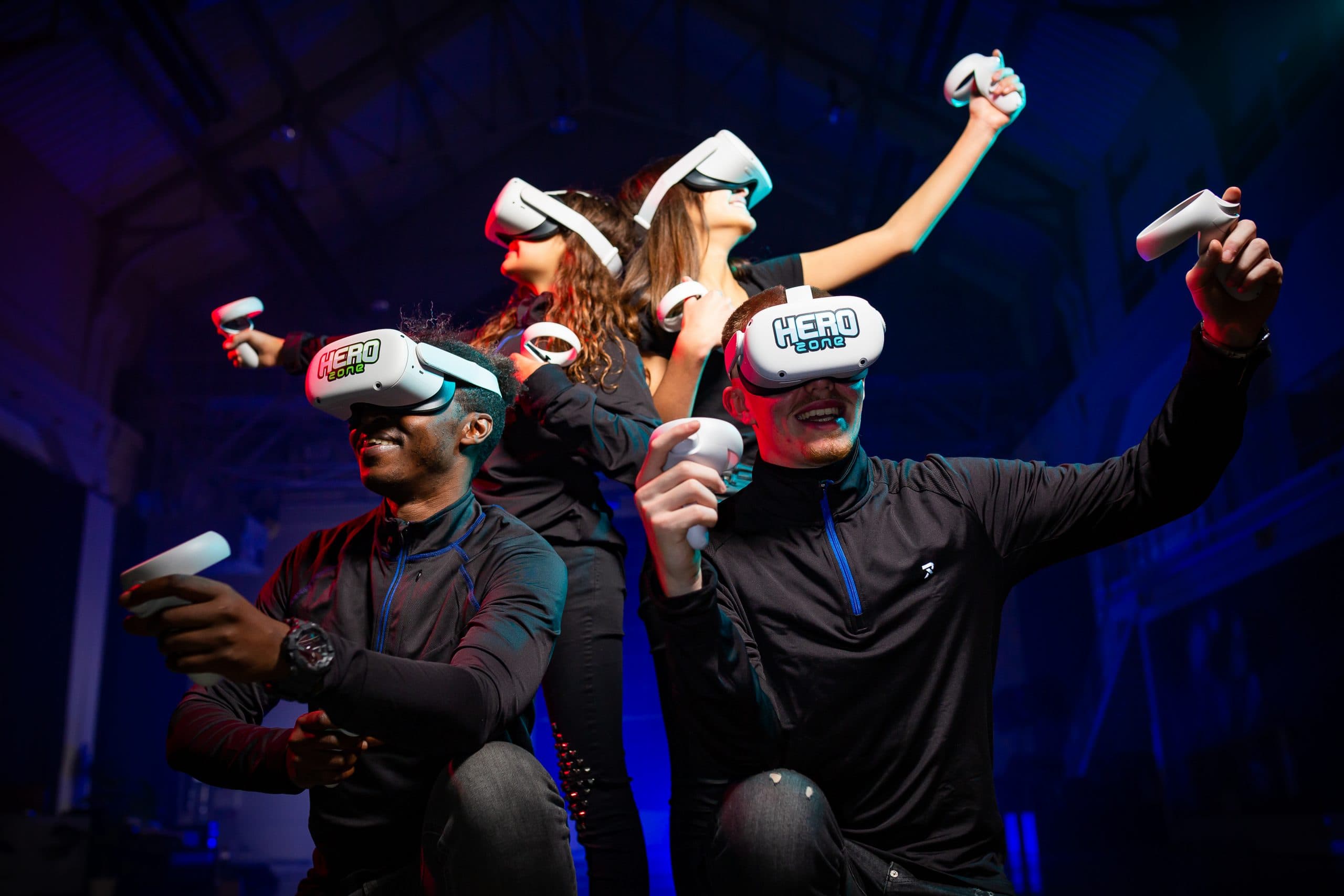Group playing HeroZone free-roam VR experience